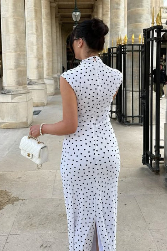 Polka Dot Mock Neck Sleeveless Bodycon Maxi Dress
