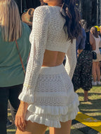 White Cutout Crop Ruffle Knit Two Piece