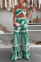 Cassie Ric Rac Trims Unique Print Halter Ring Tank and High Rise Wide Leg Pants Set
