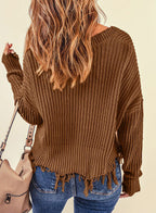 Blue Zone Planet | Fringe V-Neck Dropped Shoulder Sweater