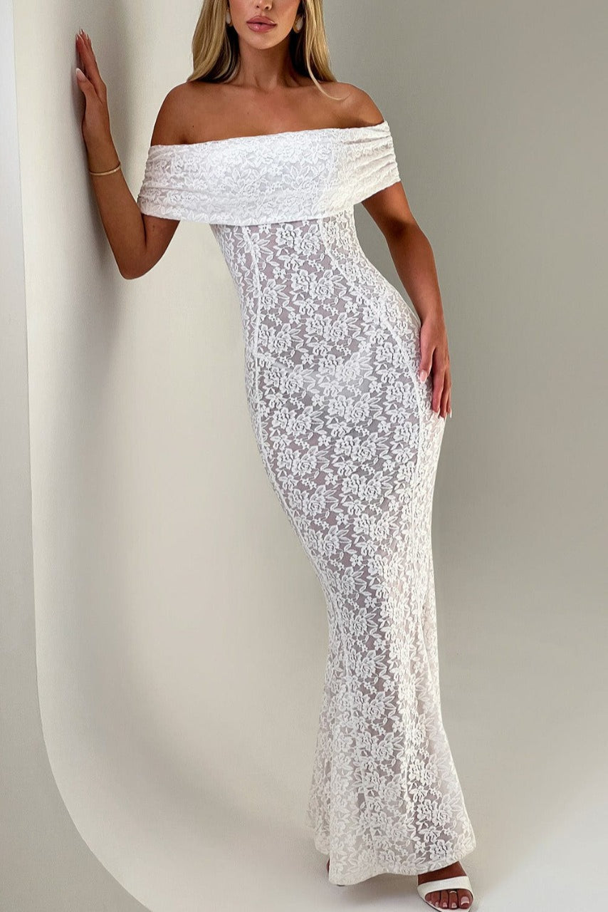 Floral Lace Off Shoulder Foldover Cuff Mermaid Maxi Dress