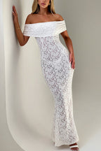 Floral Lace Off Shoulder Foldover Cuff Mermaid Maxi Dress