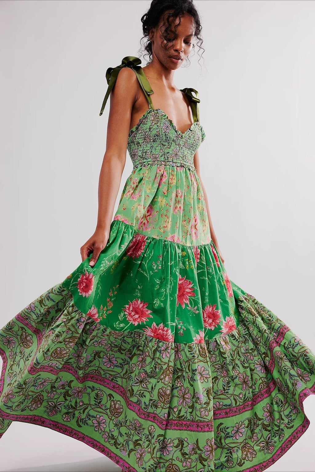 Smocked V Neck Bow Shoulder Strap Mixed Floral Tiered Maxi Dress