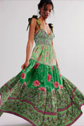 Smocked V Neck Bow Shoulder Strap Mixed Floral Tiered Maxi Dress
