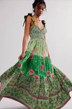 Smocked V Neck Bow Shoulder Strap Mixed Floral Tiered Maxi Dress