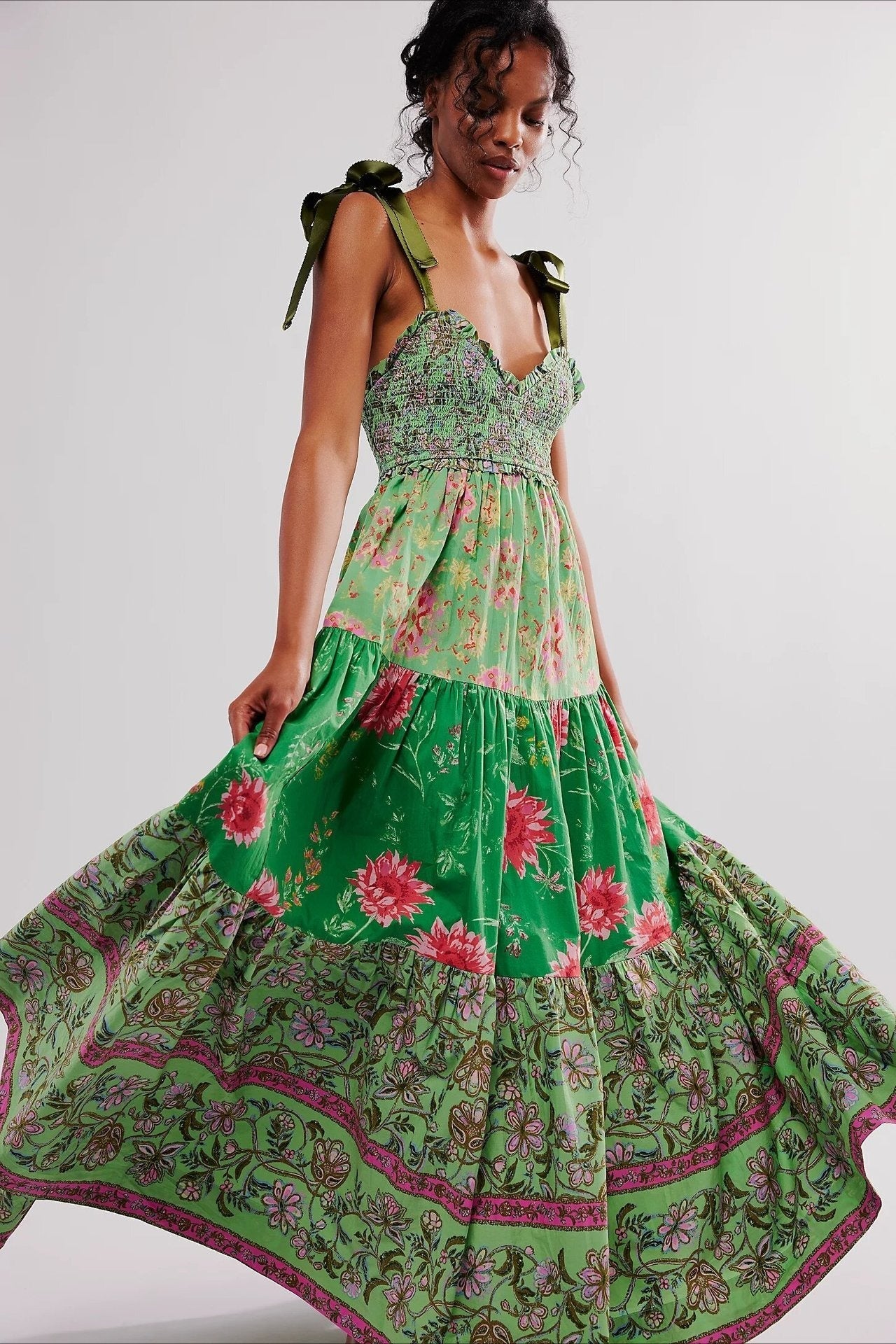 Smocked V Neck Bow Shoulder Strap Mixed Floral Tiered Maxi Dress