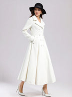 White Woolen Flared Coat For Woman Wide Lapel Double-breasted Winter A-line Midi Outerwear 2026