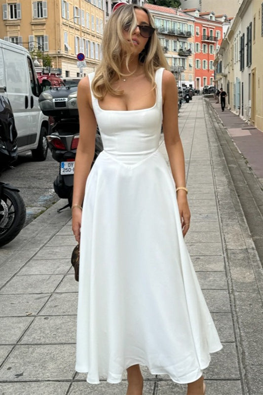 Square Neck Sleeveless Basque Waist A Line Midi Dress