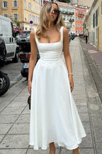 Square Neck Sleeveless Basque Waist A Line Midi Dress