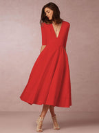 Plunge Midi Dress Half Sleeves Pockets A-Line Prom Dresses In Burgundy