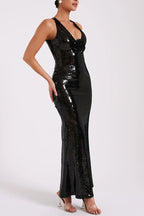 Sequin Deep V-Neck 3D Floral Applique Bodycon Maxi Gown