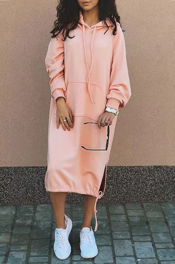 Oversized Hooded Kangaroo Pocket Drawstring Hem Side Slit Midi Sweatshirt Dress