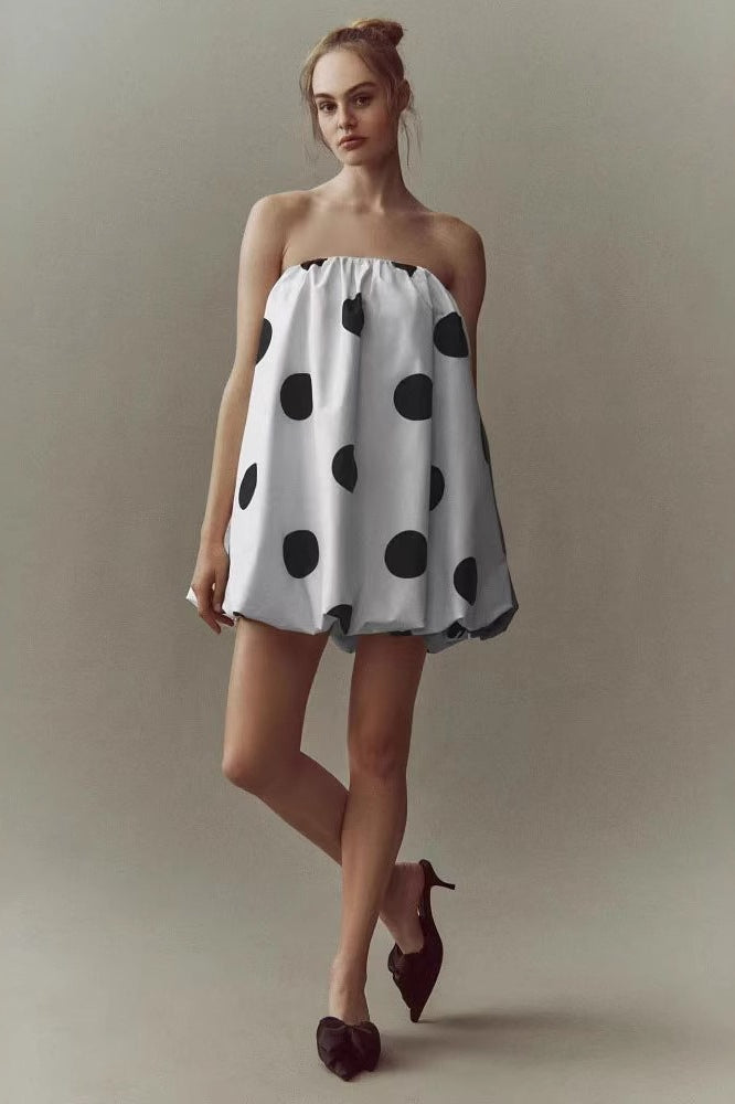 Polka Dot Strapless Bandeau Bubble Hem Fit and Flare Mini Dress