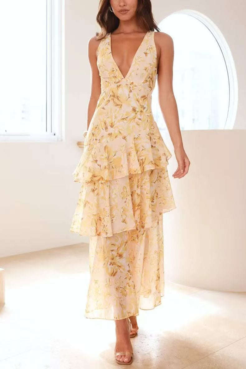 Deep V Neck Tiered Ruffle Watercolor Floral Print Maxi Dress