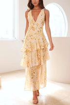 Deep V Neck Tiered Ruffle Watercolor Floral Print Maxi Dress