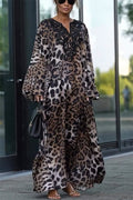 Print Lace Trim V-Neck Lantern Sleeve Kaftan Maxi Dress
