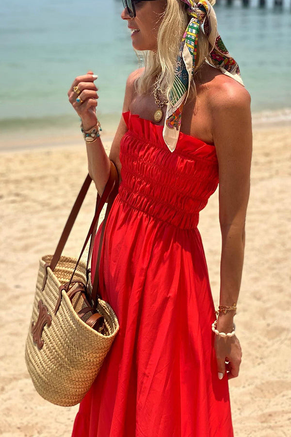 Strapless Smocked Ruffle Trim Tiered Maxi Dress