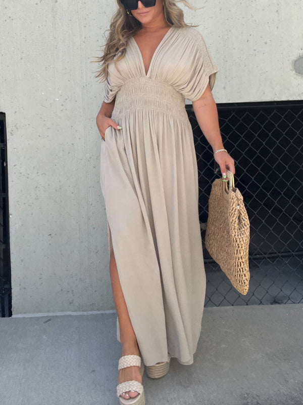 Deep V-Neck Flutter Sleeve Smocked Waist Pocket Side Slit Maxi Dress