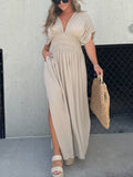 Deep V-Neck Flutter Sleeve Smocked Waist Pocket Side Slit Maxi Dress