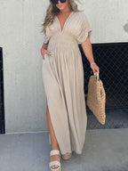 Deep V-Neck Flutter Sleeve Smocked Waist Pocket Side Slit Maxi Dress