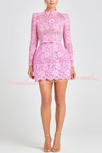 Champagne Toast Flower Lace Long Sleeve Bow Belted Mini Dress