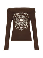 Vintage Heart Print Off Shoulder Long Sleeve Tee