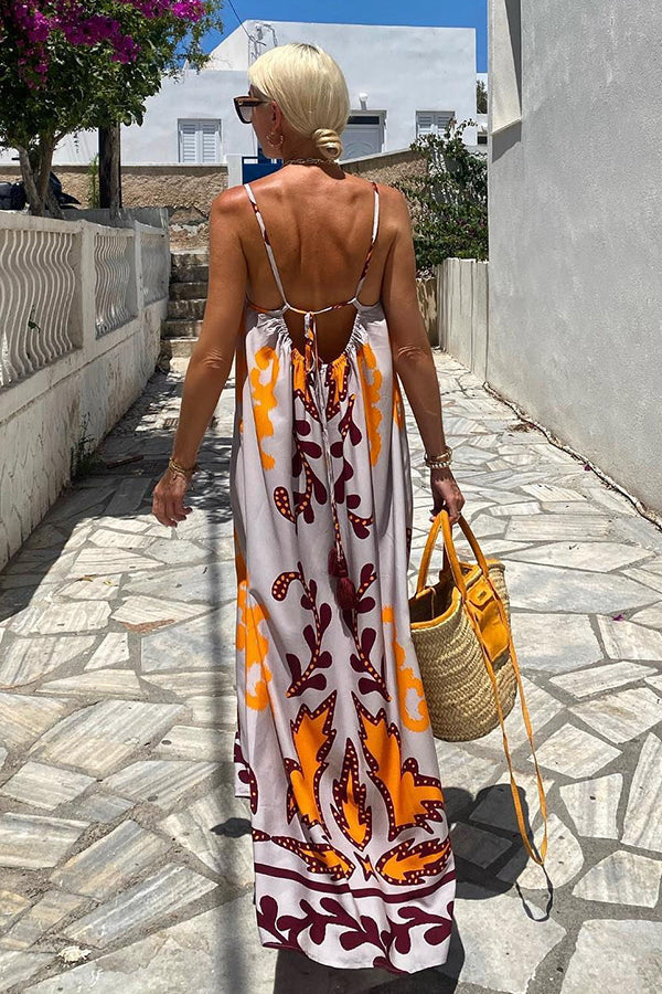 Ethnic Print Spaghetti Strap Loose Kaftan Maxi Summer Dress