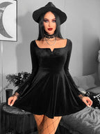 Velvet Square Neck Lace Cuff Flared Mini Dress
