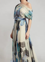 Ladies' French Sky Blue Asymmetric Printed Chiffon Long Skirt Summer