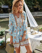Deep V-Neck Floral Border Print Bishop Sleeve Button Front Babydoll Mini Dress