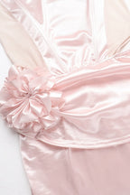 Satin One Shoulder Corset Rosette Side Cut Out Draped High Split Gown
