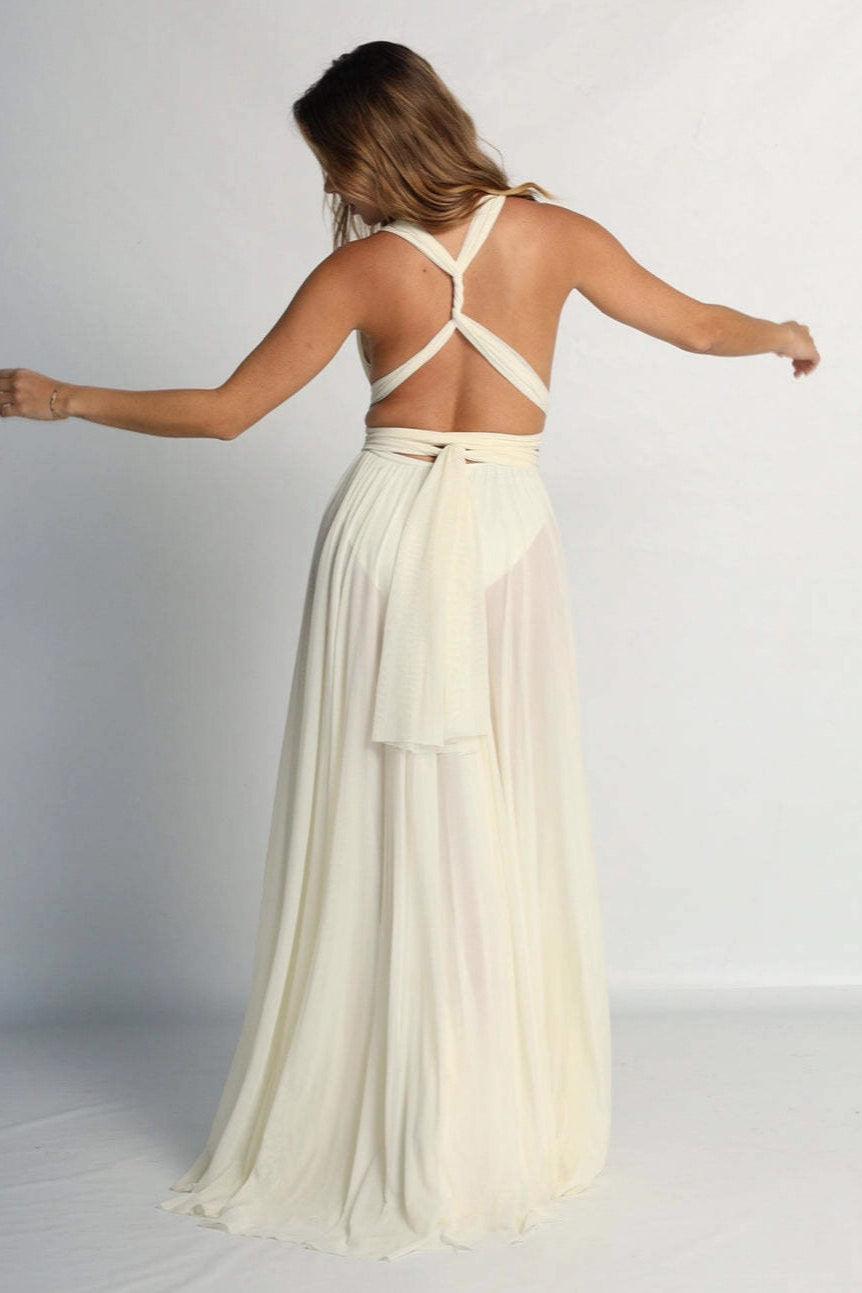 Plunging V-Neck Ruched Wrap Bodice Pleated High Split Chiffon Maxi Gown