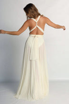 Plunging V-Neck Ruched Wrap Bodice Pleated High Split Chiffon Maxi Gown