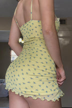 Ditsy Floral Print Spaghetti Strap Tie Front Ruched Bodycon Mini Dress