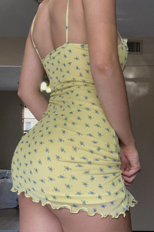 Ditsy Floral Print Spaghetti Strap Tie Front Ruched Bodycon Mini Dress