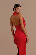 Satin Halter Neck Cowl Draped Knot Waist Front Panel Column Maxi Gown