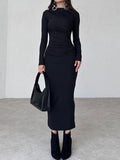 Solid Ruched Long Sleeve Maxi Dress
