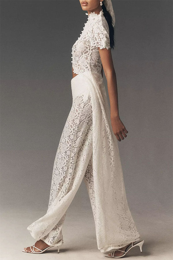 Elegance Avant-garde Floral Lace Short Sleeve High Low Top and High Rise Wide Leg Pants Set