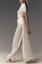 Elegance Avant-garde Floral Lace Short Sleeve High Low Top and High Rise Wide Leg Pants Set