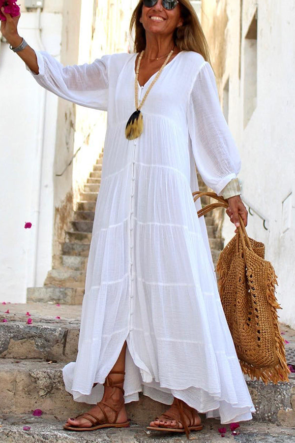 Button Front V-Neck Long Sleeve Tiered Linen Blend Maxi Dress