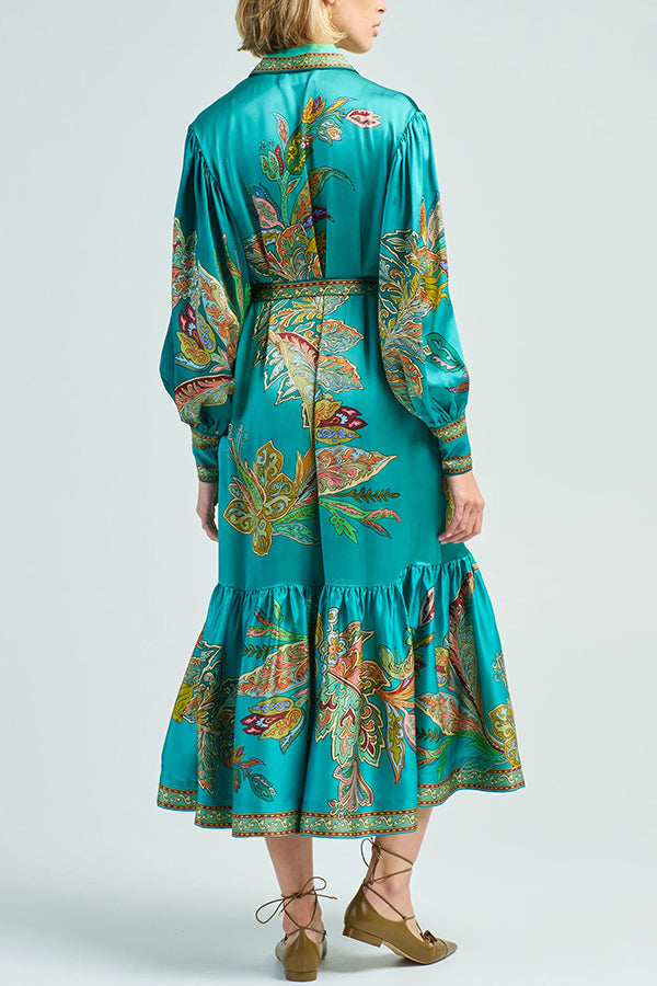 Paisley Print Lantern Sleeve Lace Up Belted Ruffle Hem Midi Shirt Dress