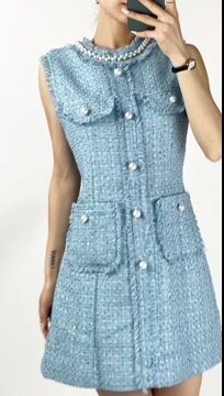 Pearl Embellished Neckline Button Front Fringe Trim Tweed Mini Dress