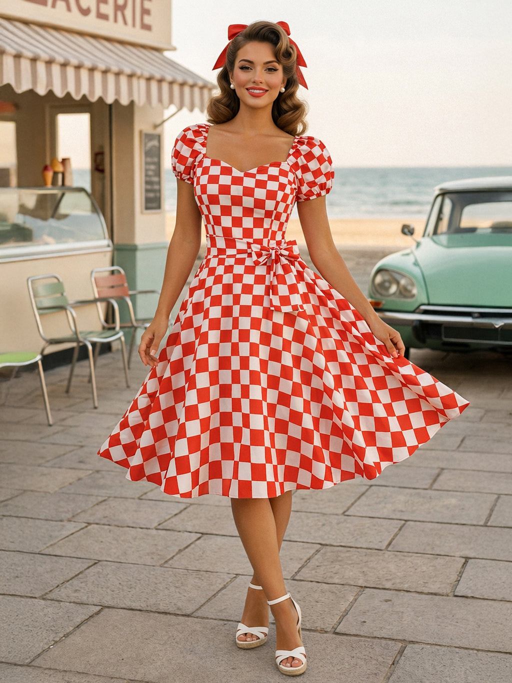 Retro Glamour Dress Sweetheart Neck Puff Sleeves Polka Dots Casual Long Dresses