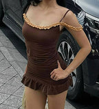 Ruched Contrast Ruffle Trim Off Shoulder Mini Dress