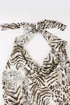 Khaki Halter Cowl Neck Belted Waist Mixed Print Mini Dress