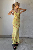 Yellow Scoop Neck Wide Strap Ditsy Floral Print Slip Maxi Dress
