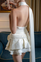 Satin Halter Neck Draped Rose Applique Tiered Ruffle Mini Dress
