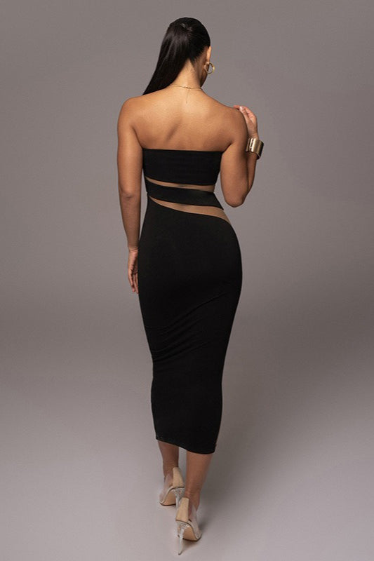 Strapless Diagonal Mesh Panel Cut Out Bodycon Midi Dress