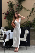 Satin Lace Trim Deep V-Neck Empire Waist Slip Midi Dress