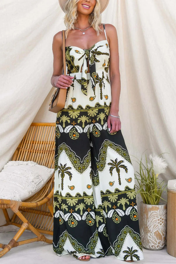Unique Print Casual Spaghetti Strap High Waist Resort Loose Wide Leg Jumpsuit